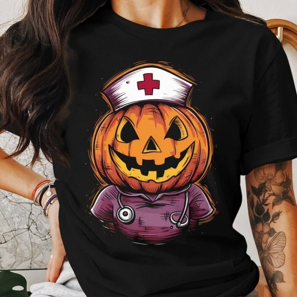 Funny Halloween Pumpkin Nurse Tshirt Halloween Costume Shirt